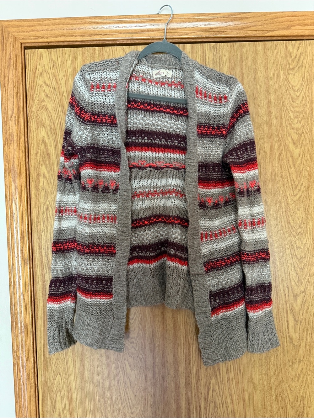 Hollister Tan Open-Front Cardigan with Red and Burgundy Stripes